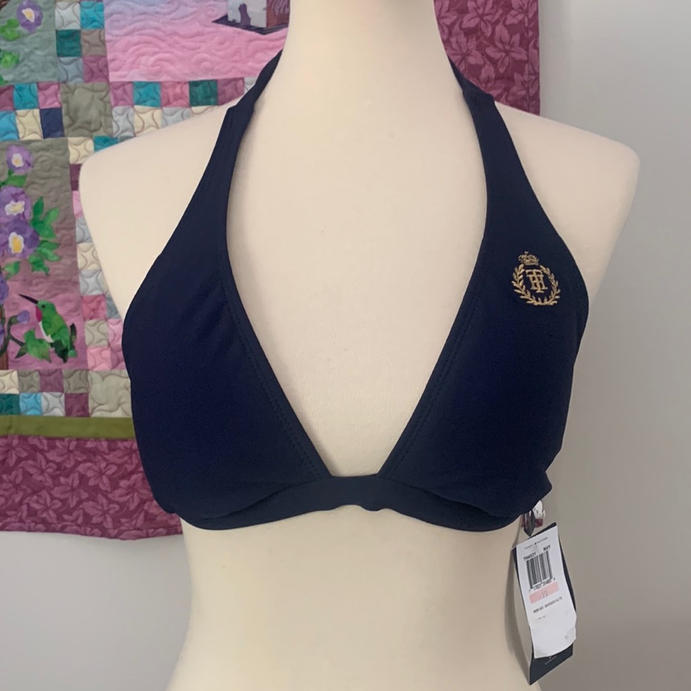 Tommy Hilfiger bikini top halter style in navy blue with TH logo in gold , 10